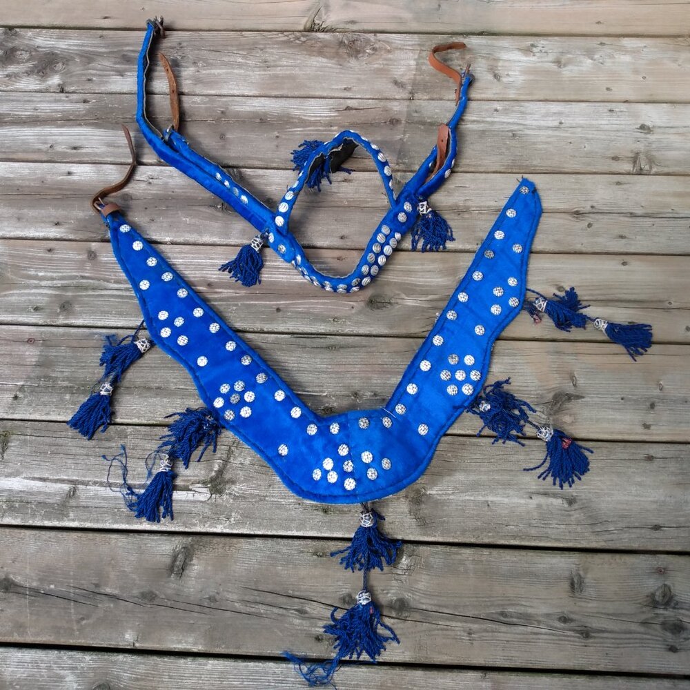 Vintage Horse Tack Bridle Headstall Collar Blue Velvet Tassels Farm Decor